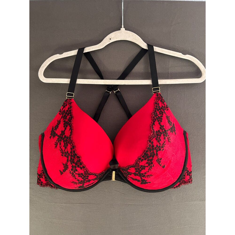 Dark Romance Lace Bra Cacique Boost Plunge Front Close Push Up Red Black 44Ddd